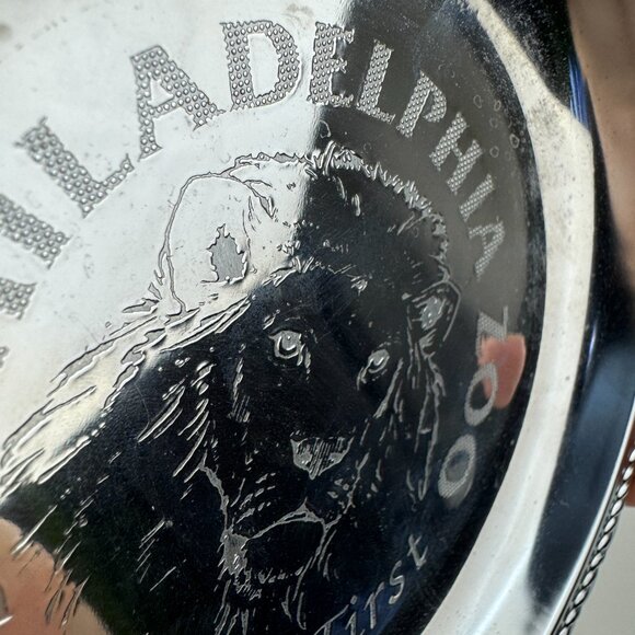 Vtg Small Round Silver Metal Philadelphia Zoo America's First Lion Etched Dish - Picture 7 of 15
